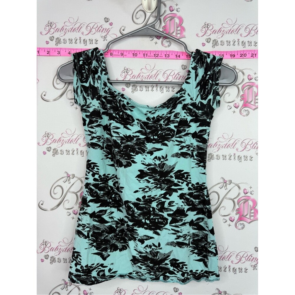 GUILTY tank top tee shirt style Women's Mint Floral Print Cap Sleeve Top blue